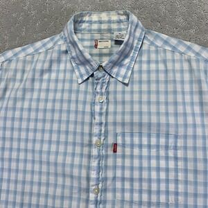 Vintage Levis Shirt Mens Medium Blue White Gingham Check Short Sleeve Button‎ Up